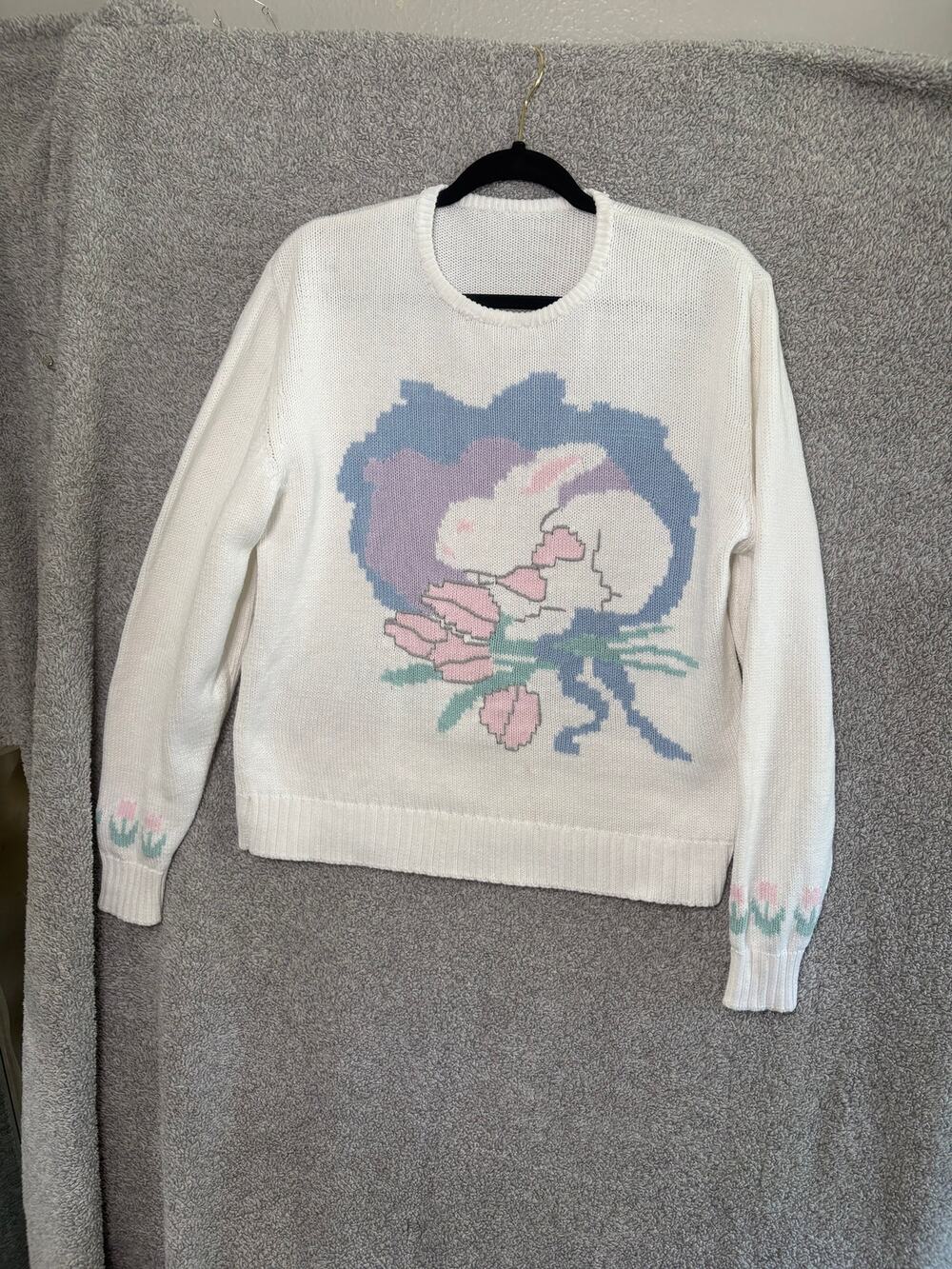 Vintage 80s Bunny Tulip Intarsia Sweater Fairycore Kawaii